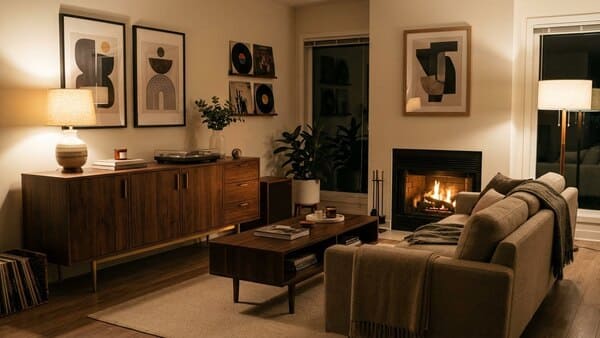 Wohnzimmer mit dunklem Holz Couchtisch, Mid-Century Sideboard und warmem Licht