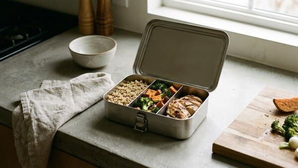 Edelstahl-Lunchbox mit vorbereitetem Essen