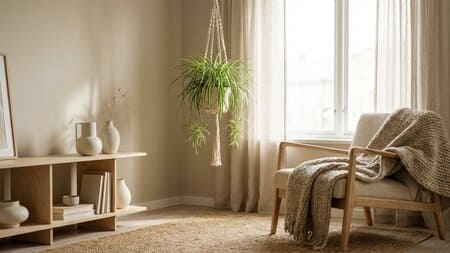 Efeutute (Epipremnum) rankt vom Regal in einem cozy modernen Wohnzimmer