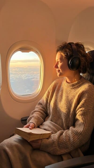 Eine entspannte junge Frau sitzt am Fenster im Flugzeug, trägt Noise-Cancelling Kopfhörer und liest ein Buch. Warmes Sonnenlicht fällt herein, sie wirkt angstfrei und ruhig.