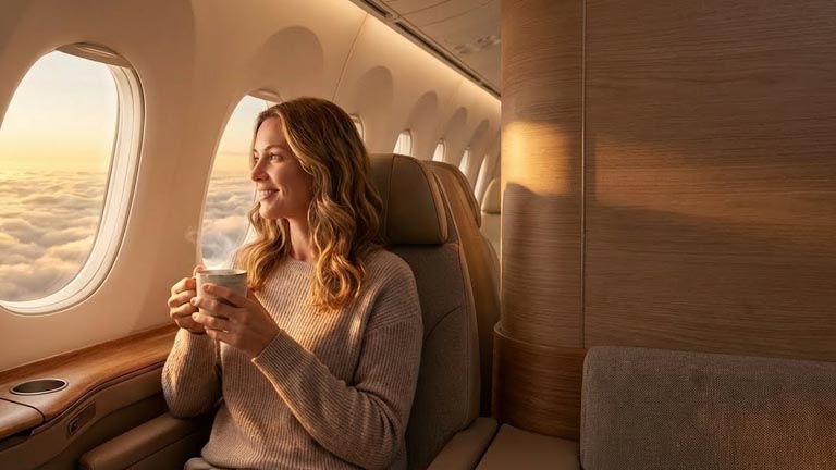 Eine junge Frau sitzt entspannt und lächelnd im Flugzeug und schaut aus dem Fenster in den Sonnenuntergang. Sie wirkt ruhig und genießt den Flug ohne Angst.