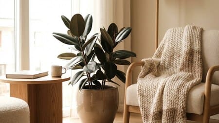 Gummibaum (Ficus elastica) mit glänzenden Blättern im cozy modernen Wohnzimmer