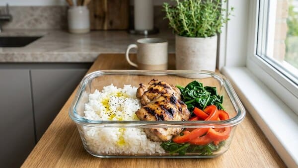 Hähnchen-Gemüse-Reis-Bowl für Meal Prep