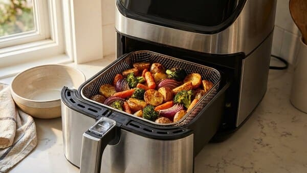 Heißluftfritteuse mit Gemüse und Kartoffeln