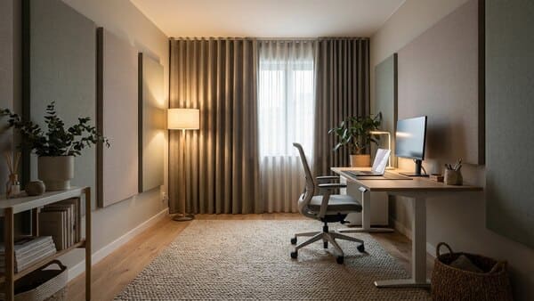 Ruhiges Homeoffice mit Akustikelementen und Teppich