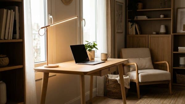 Schreibtisch mit Tageslicht und LED-Lampe im Homeoffice