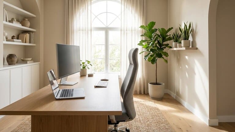 Stilvolles Homeoffice mit modernem Schreibtisch und Pflanzen