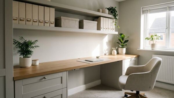 Aufgeräumtes Homeoffice mit Stauraum und Regalen