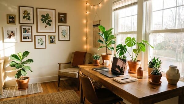 Homeoffice mit Pflanzen und persönlicher Dekoration