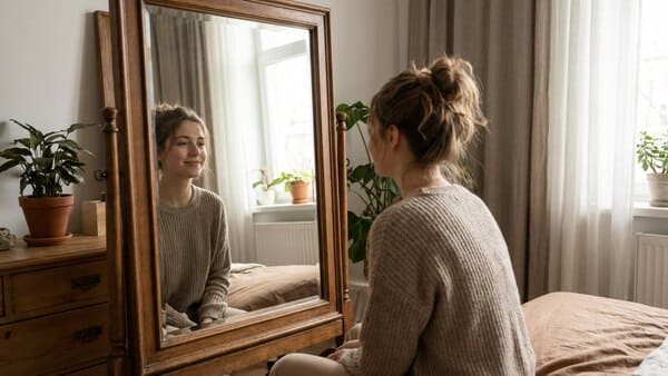 Person schaut freundlich in den Spiegel