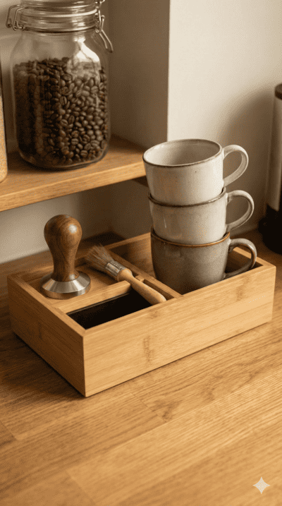 Organisiertes Kaffeebar-Zubehör mit Holz-Organizer für Tamper, Pinsel und gestapelten Keramiktassen.