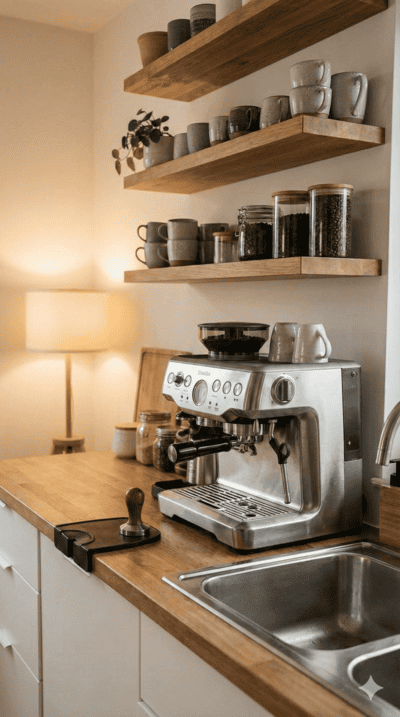 Moderne Kaffeestation in der Küche mit Siebträgermaschine, offenen Holzregalen und Kaffeebohnen in Vorratsgläsern.