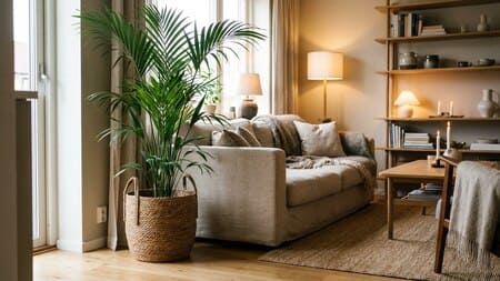 Kentiapalme (Howea forsteriana) in einem cozy modernen Wohnzimmer mit neutralen Farben