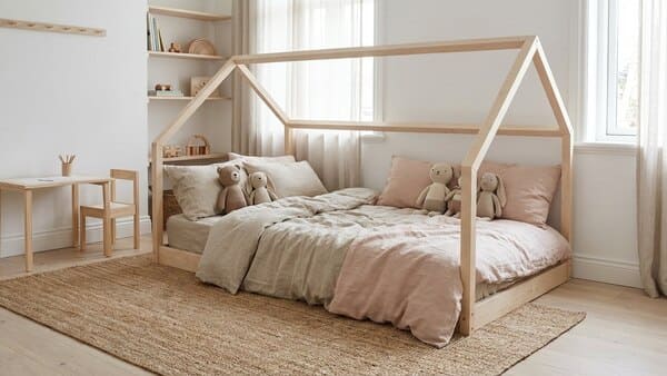 Bodentiefes Holzbett in einem skandinavisch minimalistischen Kinderzimmer für Mädchen