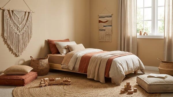 Boho Jungenzimmer mit Juteteppich, Körben, Kissen und Naturmaterialien