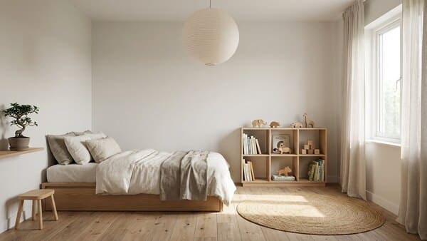 Japandi Jungenzimmer mit hellem Holz, ruhigen Farben und minimalistischer Einrichtung