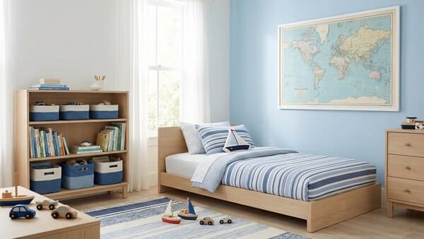 Maritimes Jungenzimmer in Blau-Weiß mit Holz, Streifen und Weltkarten-Deko