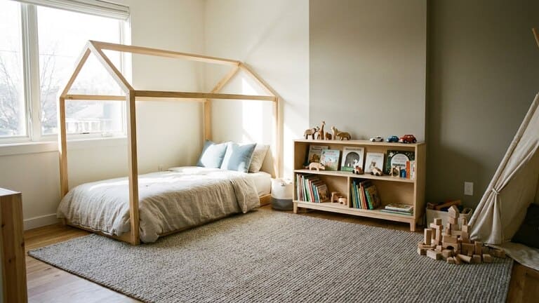 Modernes ruhiges Jungen-Kinderzimmer mit Holzbettt, neutralen Farben und Spielsachen