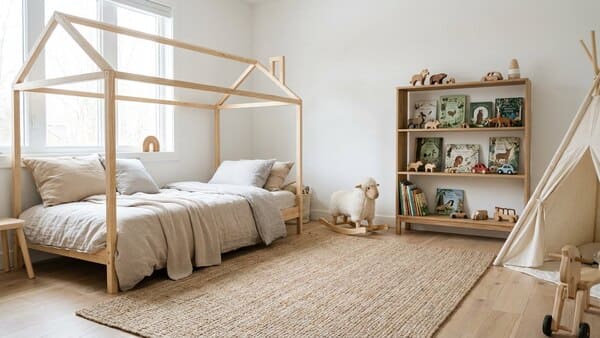 Helles skandinavisches Jungen-Kinderzimmer mit Holzbettt, neutralen Farben und Spielzeug