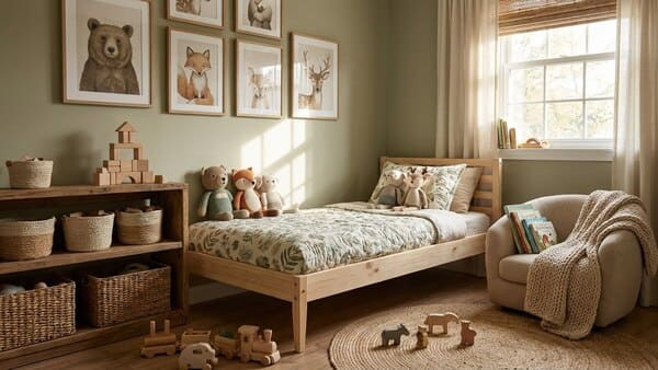 Jungenzimmer im Natur- und Waldstil mit Grün, Holz und gemütlicher Leseecke