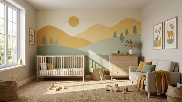 Kinderzimmer mit Statement-Wand und sanften Farbakzenten