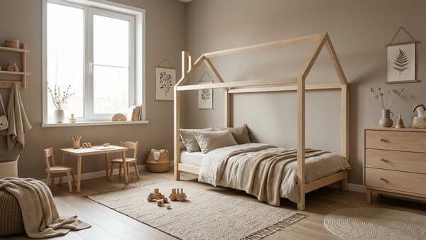 Modernes Kinderzimmer in Greige mit Naturfarben und Holzmöbeln im skandinavischen Stil