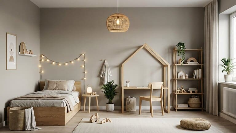 Modernes Kinderzimmer mit Greige Farben und natürlicher Einrichtung