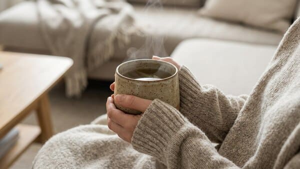 Hände halten eine warme Tasse Tee in ruhiger Umgebung