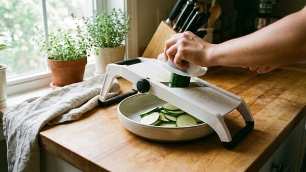 Mandoline mit geschnittenem Gemüse