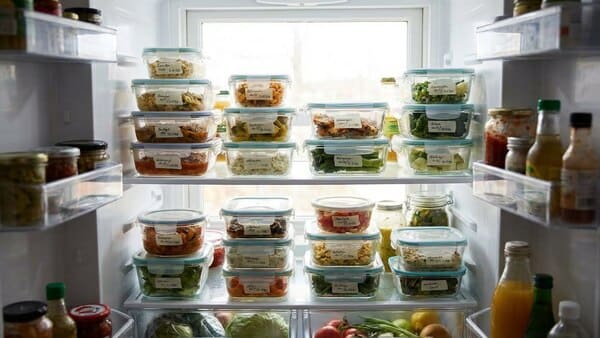 Beschriftete Meal-Prep-Behälter im Kühlschrank