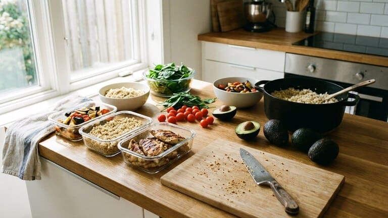 Entspannte Meal-Prep-Küche mit vorbereiteten Mahlzeiten und Vorratsdosen