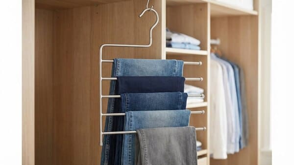 Mehrfachbügel mit mehreren Hosen in einem aufgeräumten Kleiderschrank