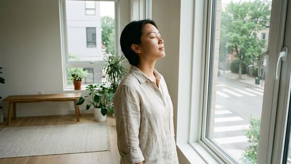 Person atmet ruhig am Fenster und nimmt sich eine bewusste Pause