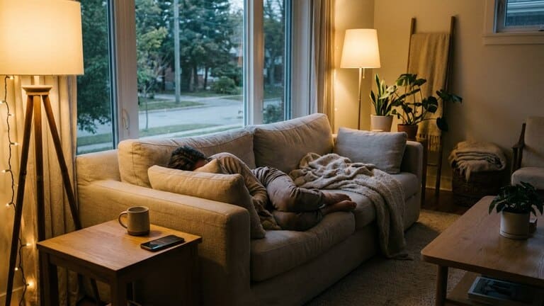 Person sitzt abends entspannt auf dem Sofa und findet Ruhe im Alltag