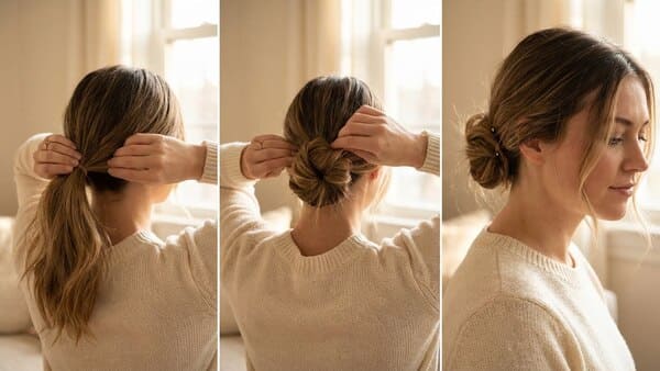 Messy Low Bun Silvester Frisur mit lockeren Strähnen