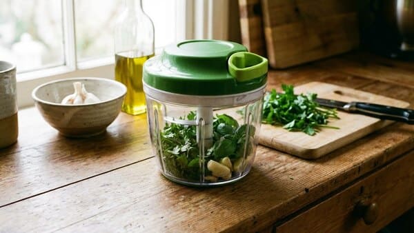 Hand-Zerkleinerer mit Kräutern und Knoblauch