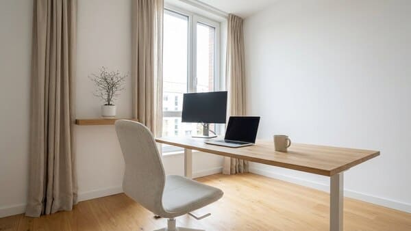 Minimalistisches Homeoffice mit schlichtem Schreibtisch