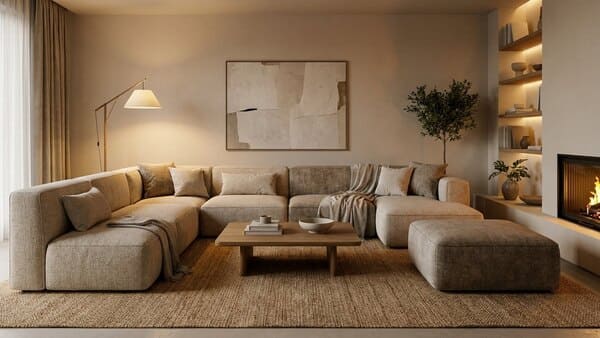 Modernes Wohnzimmer mit modularem Sofa und Ottomane in neutralen Farben