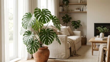 Monstera deliciosa mit großen Blättern in einem cozy modernen Wohnzimmer