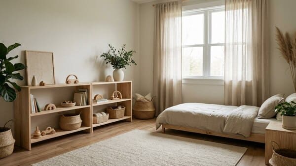 Montessori inspiriertes Kinderzimmer mit niedrigem Bett und offenen Holzregalen