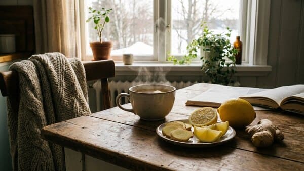 Warmer Ingwertee als Teil einer gesunden Morgenroutine im Winter