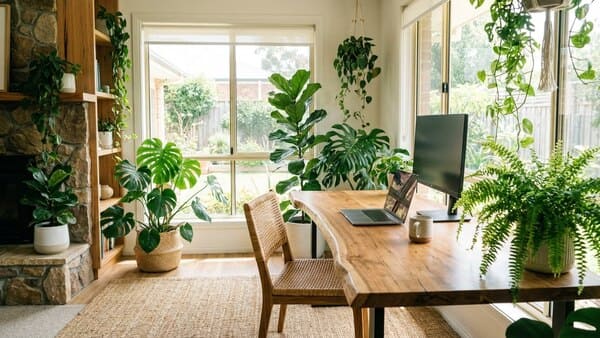 Naturnahes Homeoffice mit Pflanzen und Holz