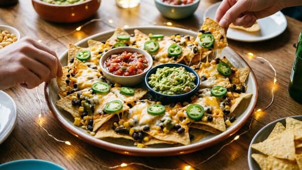 Überbackene Nachos mit Käse und Dips für Silvester