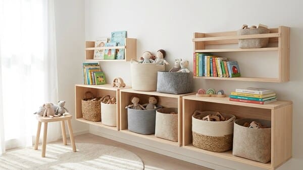 Offene Regale und Körbe sorgen für Ordnung im skandinavischen Mädchenzimmer.