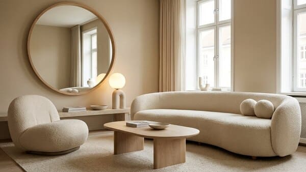 Wohnzimmer mit runden Möbeln wie ovalem Couchtisch, geschwungenem Sessel und organischen Deko-Formen