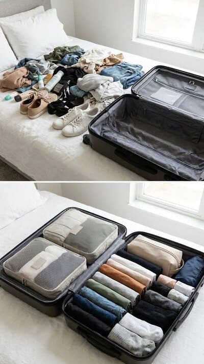 Ein ordentlich gepackter Koffer mit Packing Cubes sorgt für Übersicht und Sicherheit beim Reisen. Perfekt für stressfreie Flugvorbereitung und weniger Chaos im Gepäck.