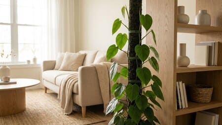 Kletternder Philodendron am Moosstab im gemütlichen modernen Wohnzimmer