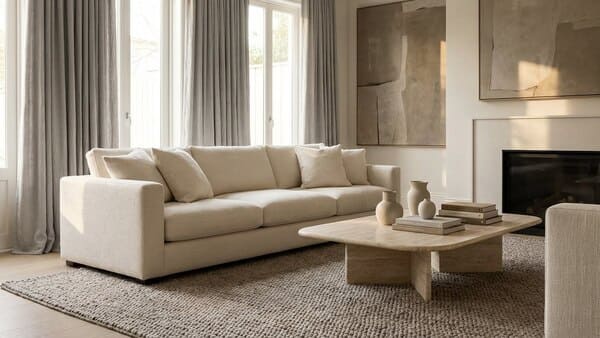 Elegantes, minimalistisches Wohnzimmer mit hochwertigen Materialien und ruhiger Farbpalette