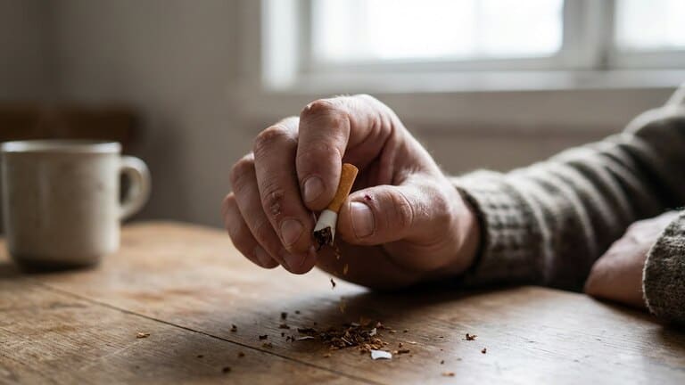 Hand zerbricht eine Zigarette als Symbol für rauchfrei werden