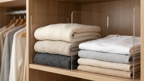 Kleiderschrank-Regal mit transparenten Trennern und gefalteter Kleidung